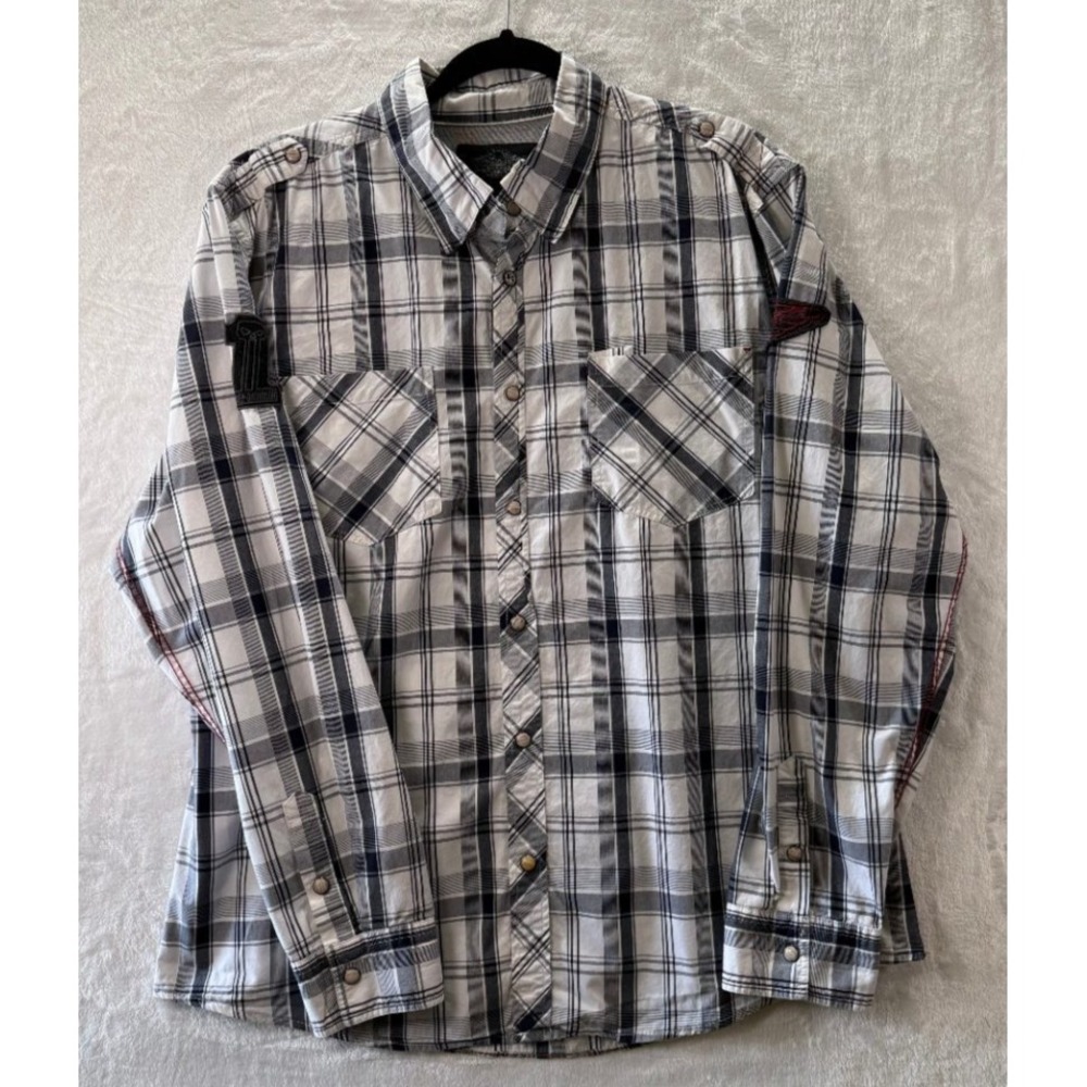 Harley-Davidson XL Mens Plaid Snap Button Shirt #1 Skull Full Speed Black White